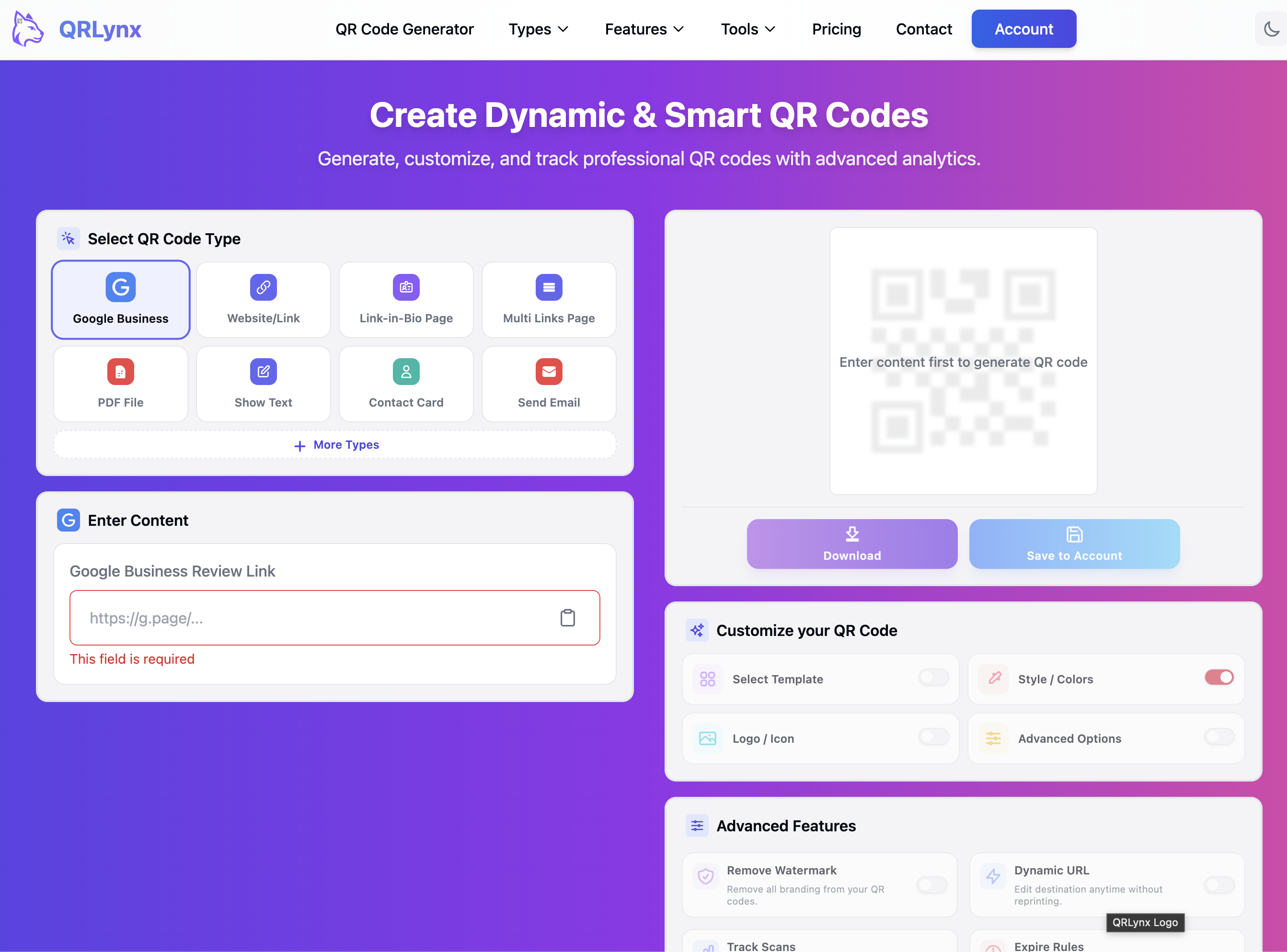 QRLynx QR code generator showing Google Business type selected in the QR code type grid, with empty review link field