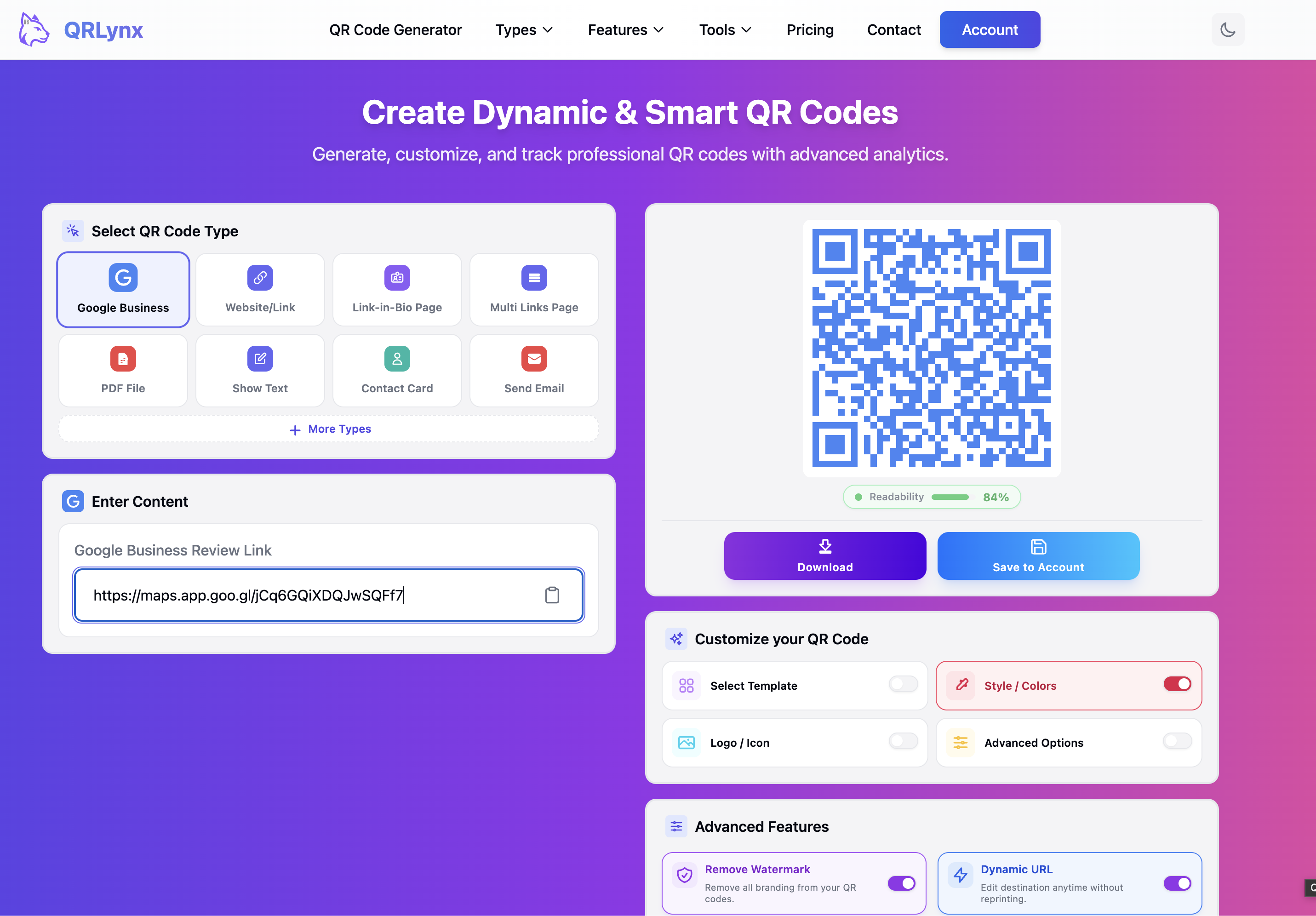QRLynx Google Business form with review link pasted, showing blue QR code preview with 84% readability score