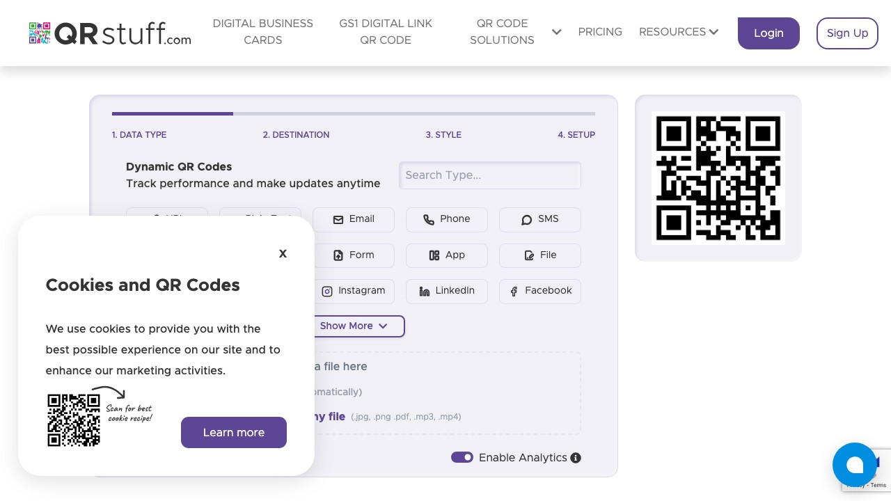 QRStuff dynamic QR code generator showing 25+ data type options including calendar and SMS