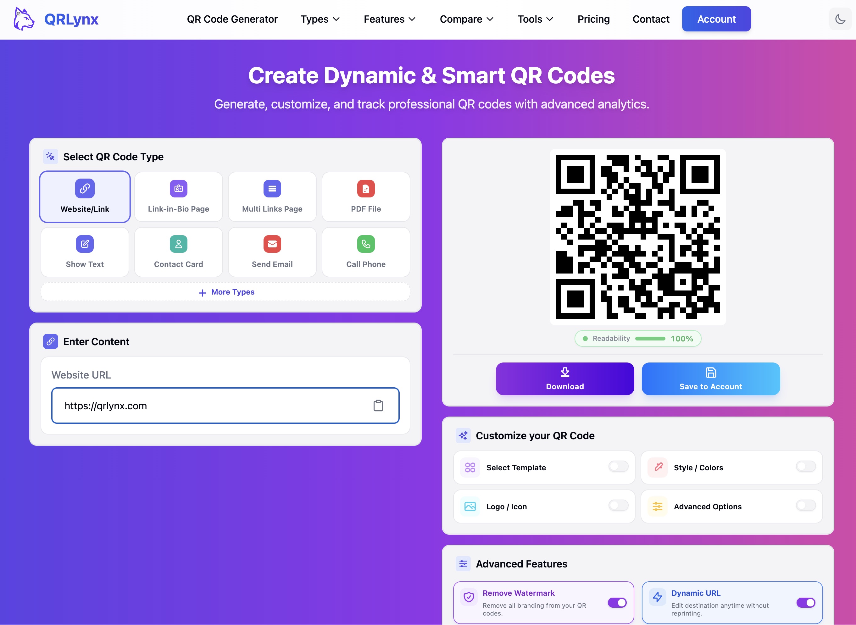 QRLynx QR code generator with URL entered and live QR code preview with 100% readability score