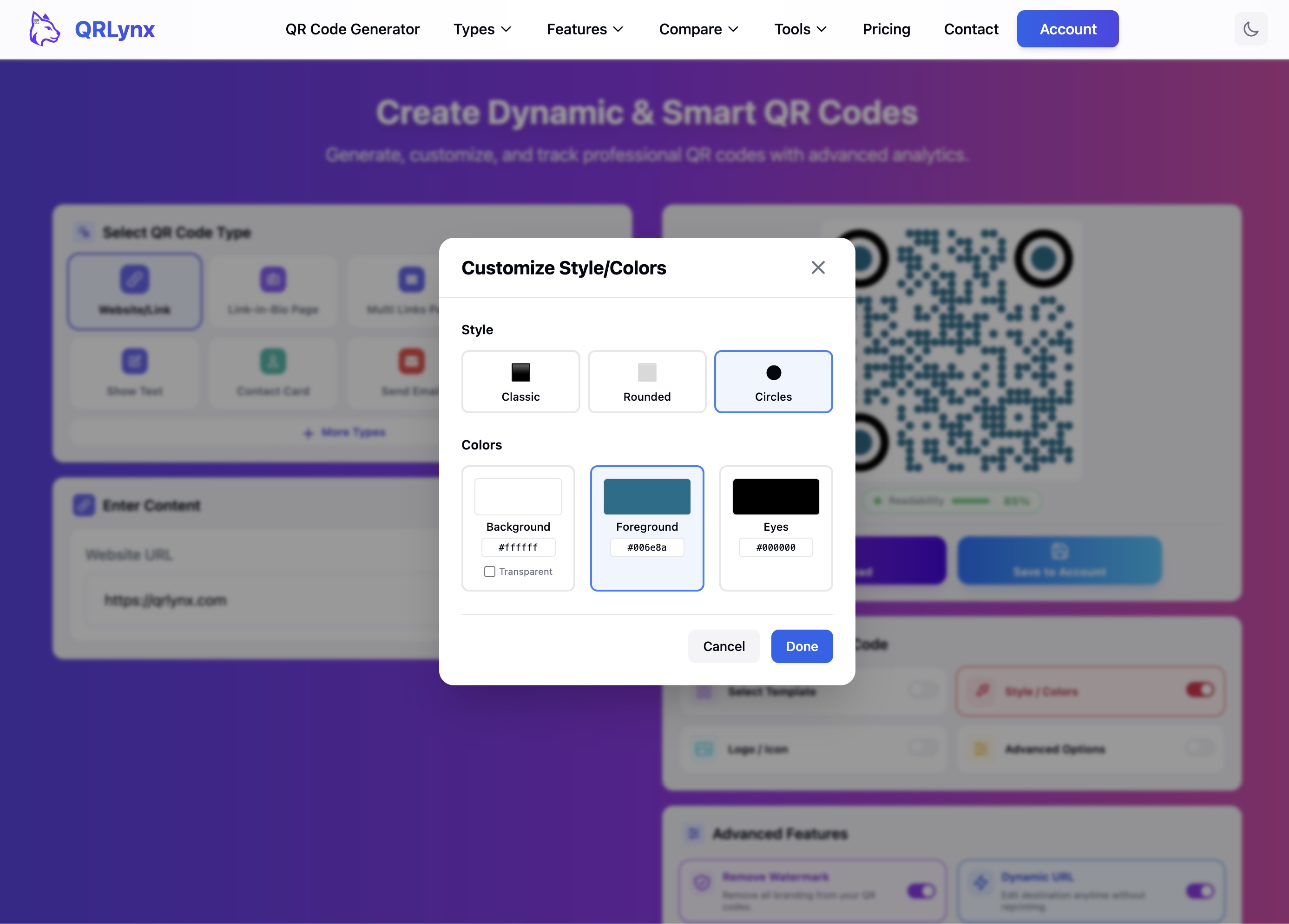 QRLynx Customize Style/Colors modal showing dot style options and color pickers for foreground and eyes