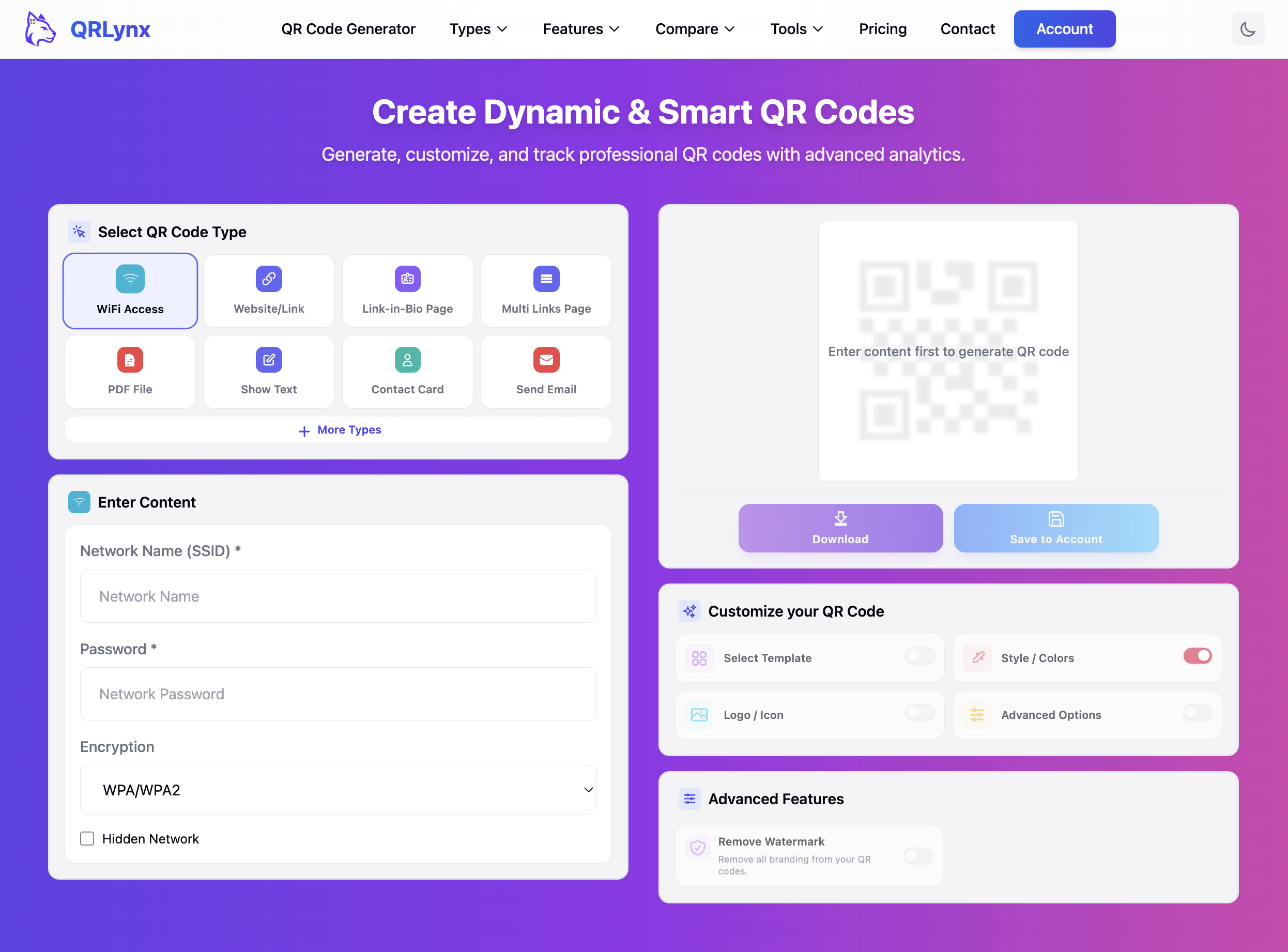 QRLynx WiFi QR code type selection screen