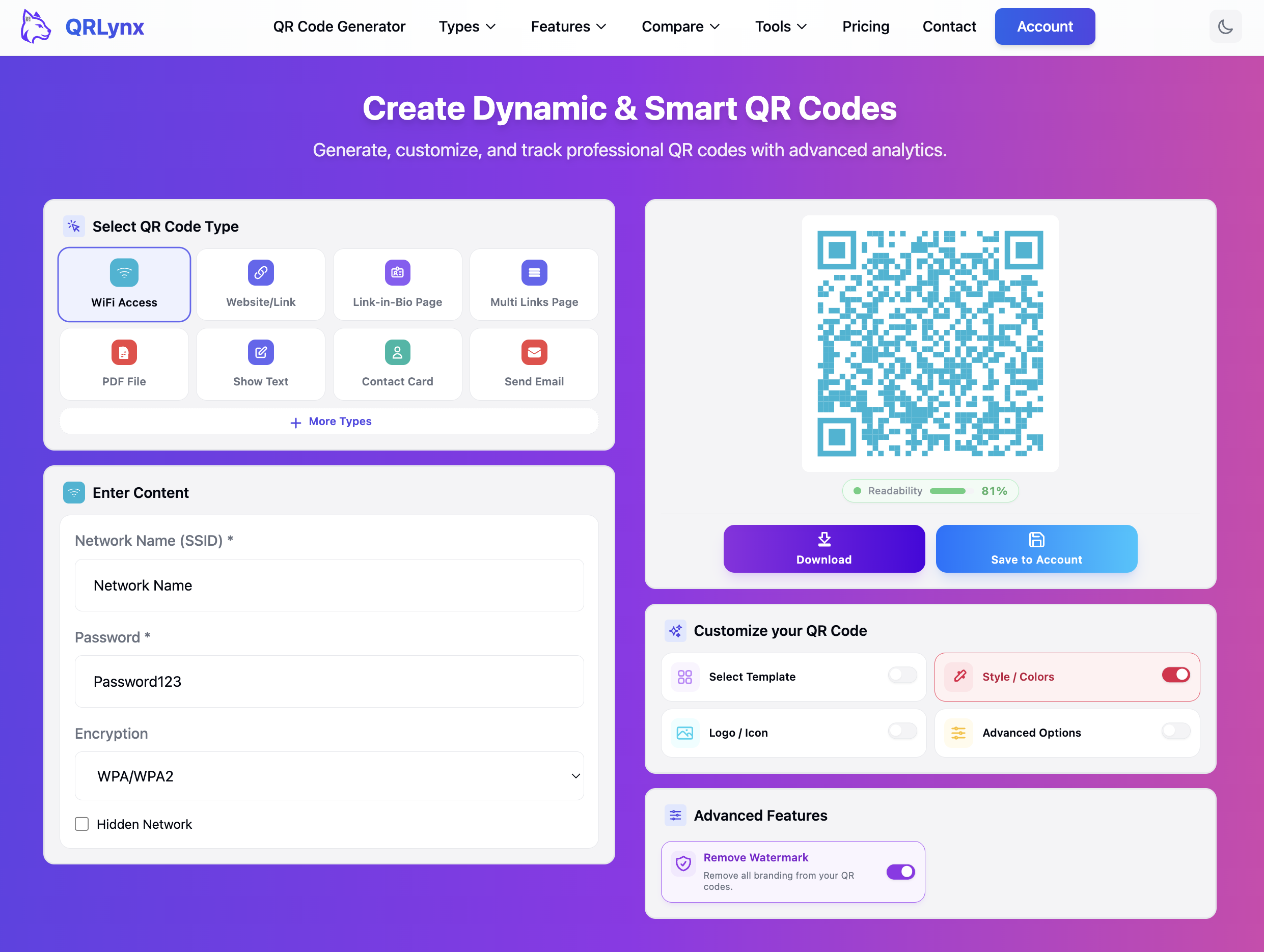QRLynx WiFi network details form
