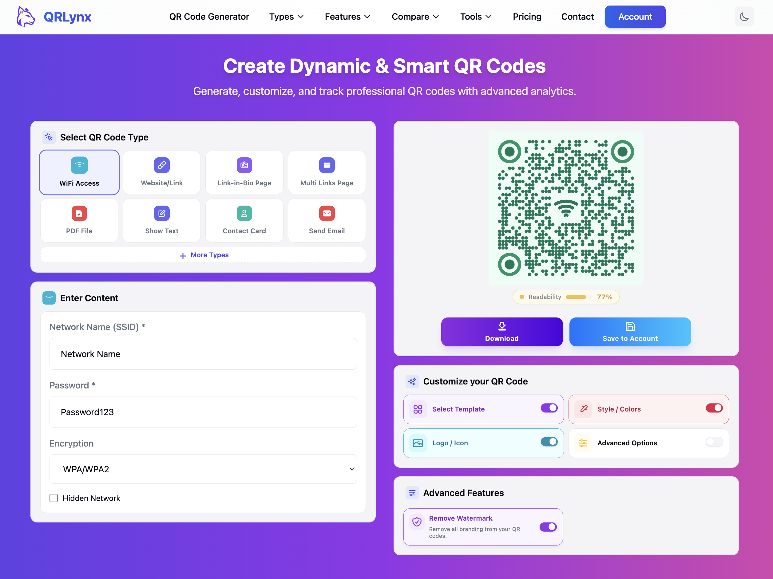 QRLynx customization panel showing a green WiFi QR code with WiFi icon, Style/Colors and Logo/Icon toggles enabled
