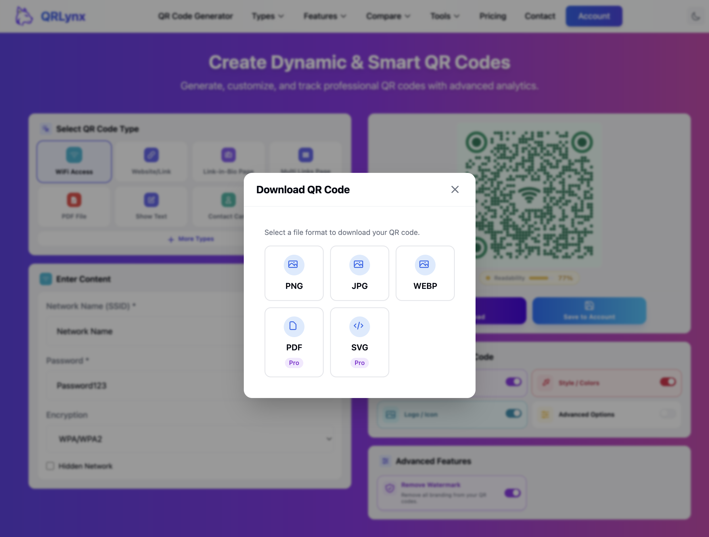 QRLynx WiFi QR code customization and download